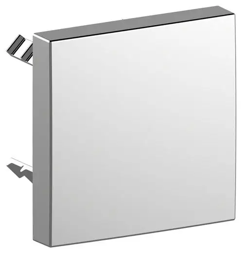 Quadratischer Wandspiegel mit glänzender, verchromter Oberfläche und zwei seitlichen Halterungen zur einfachen Befestigung.